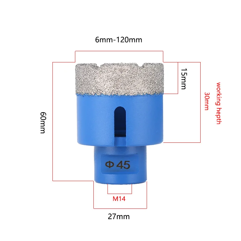 6-120mm M14 Thread Vacuum Brazed Dry Diamond Drilling Core Bits Ceramic Tile Hole Saw Granite Marble Porcelain Brick Stone Drill