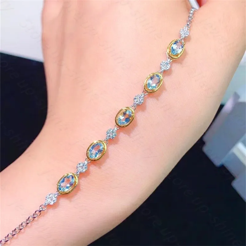 

Summer new style 925 silver inlaid natural aquamarine bracelet, women's bracelet, fine inlaid, luxurious and bright