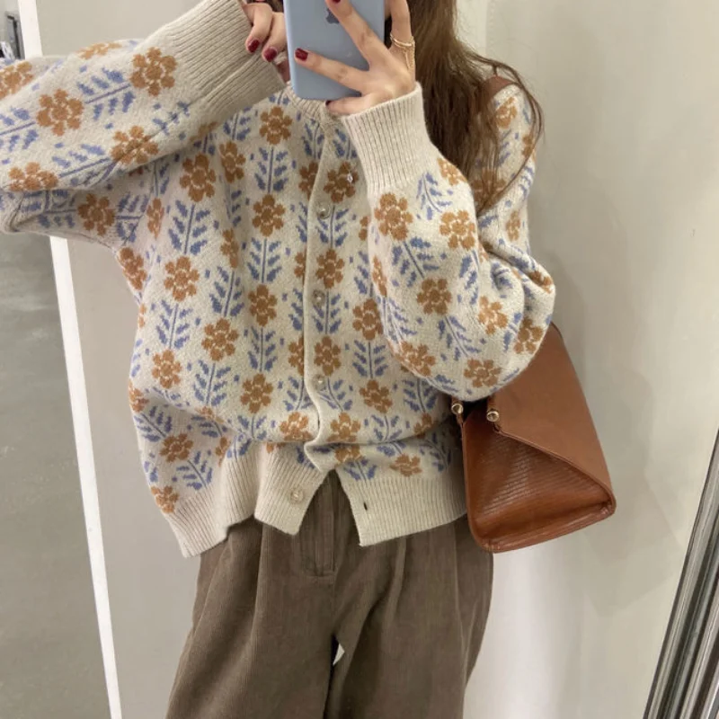 Jesienny Cardigan kobiety słodkie sweter z dzianiny przytulne Preppy Ulzzang urocza luźna dzianina płaszcz zagęszczony Pull Femme