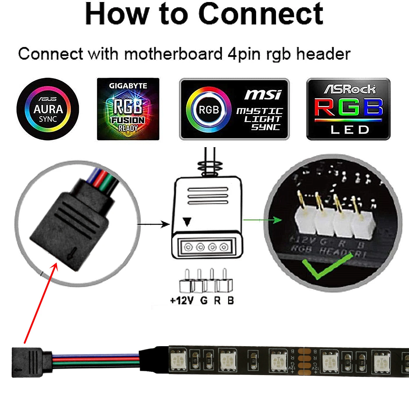DC12V RGB 4pin LED Headers LED Strip Light ADD_Header 5050 SMD PC Case Decor,RGB Motherboard Control Panel Change Colors