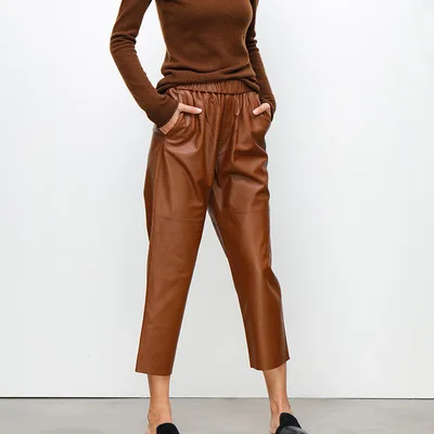 MESHARE Real Sheepskin Leather Pants Genuine Sheep Leather Fashion Women Elastic Waist Harem Pants