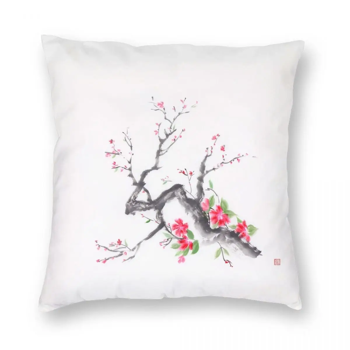 Cherry Blossom Branch Sumi Ink Square Pillowcase Polyester Linen Velvet Zip Decor Throw Pillow Case Sofa Seater Cushion Cover