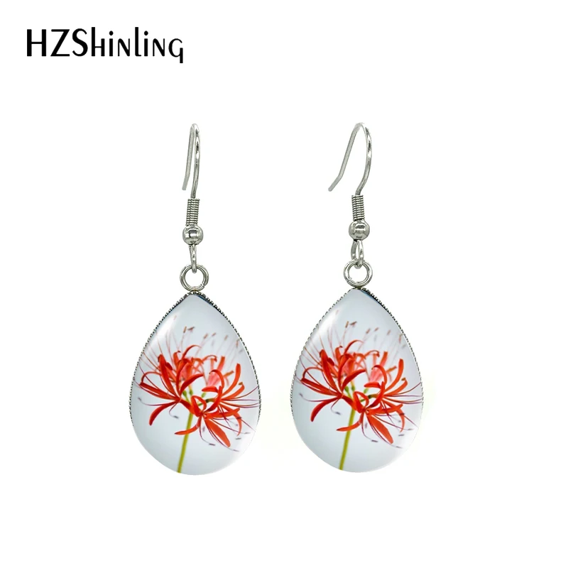 Lycoris radiata  (L’Her.) Herb Flower Pattern Tear Drop Dangle Earrings Glass Cabochon Handmade Craft Jewelry