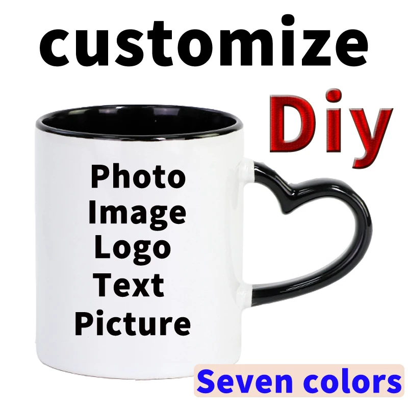 DIY Custom Print Photo Pictures Image Logo Text Onto Ceramic Mug Heart Shape Handle Color Inside and Hand Personalized Cup