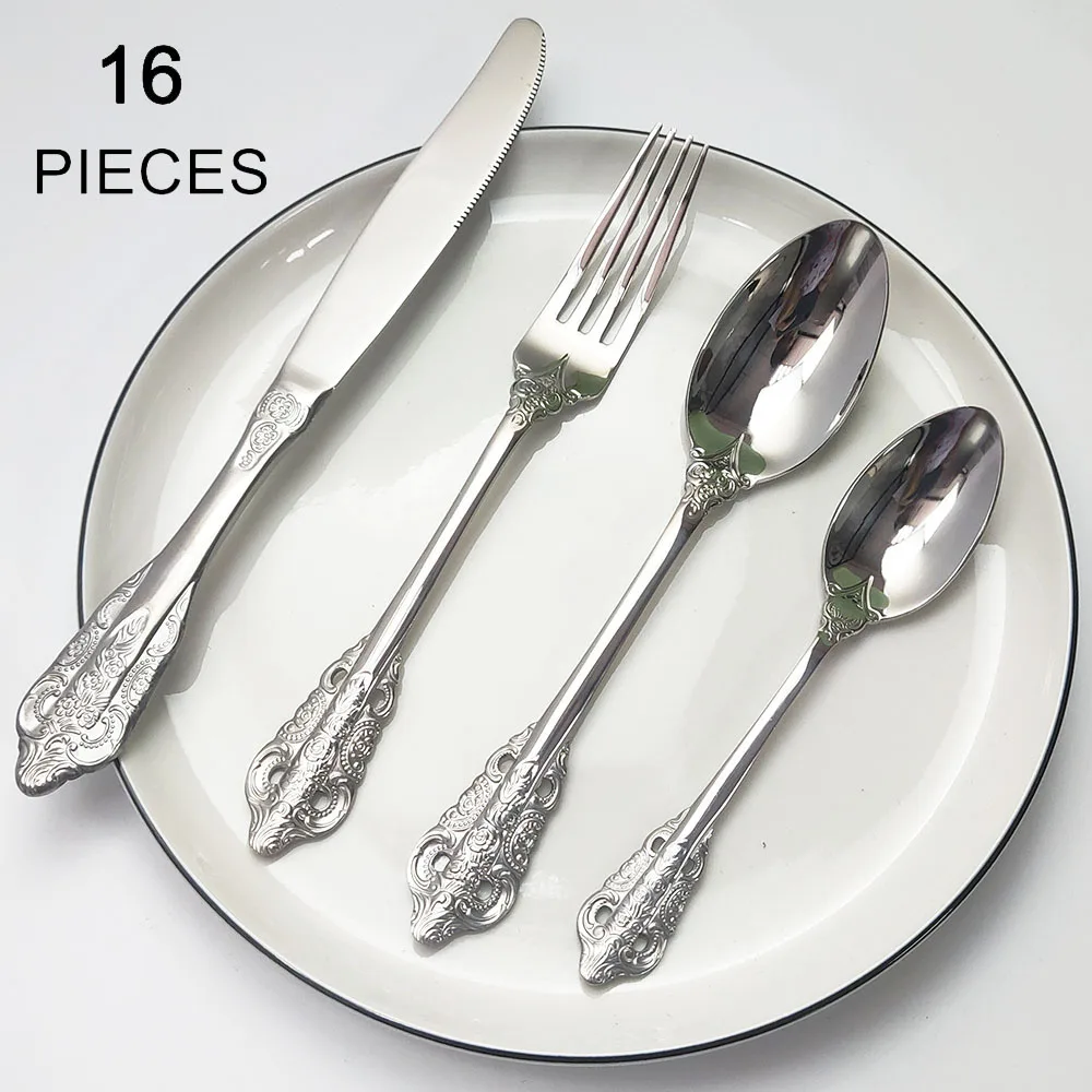 

New Sliver Cutlery Set Luxury Dinnerware 16 Pieces Mirror Polishing Tableware 304 Stainless Steel Dinner Knife & Fork Spoon