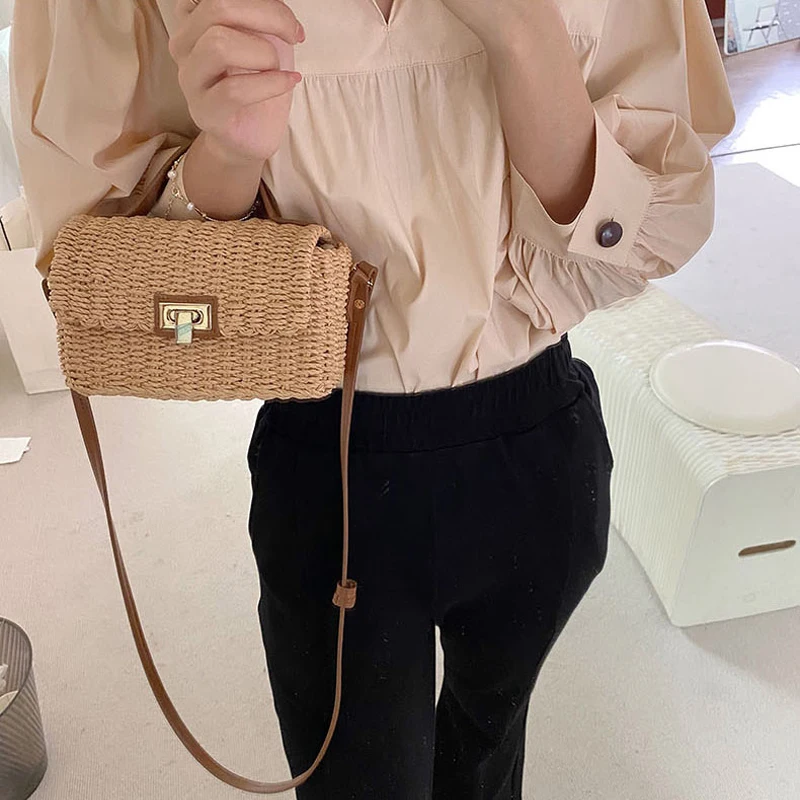 Fashion Box Straw Women Handbags Designer Brand Rattan Shoulder Crossbody Bags Handmade Woven Summer Beach Bag Travel Purse 2021