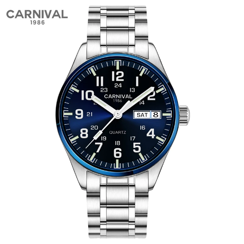 Carnival Brand Fashion Watch for Men Luxury Solid Stainless Steel Luminous Calendar Quartz Wristwatch Waterproof Reloj Hombre