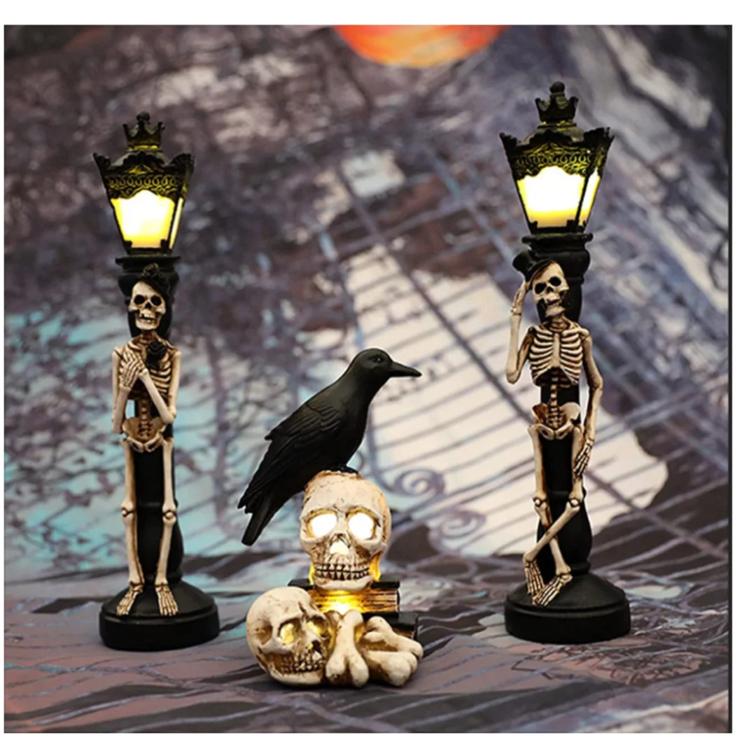 Creative Crow Skeleton Skull Head Lamp, Funny Decorative Night Light Crows Perched On Skeletons and Books