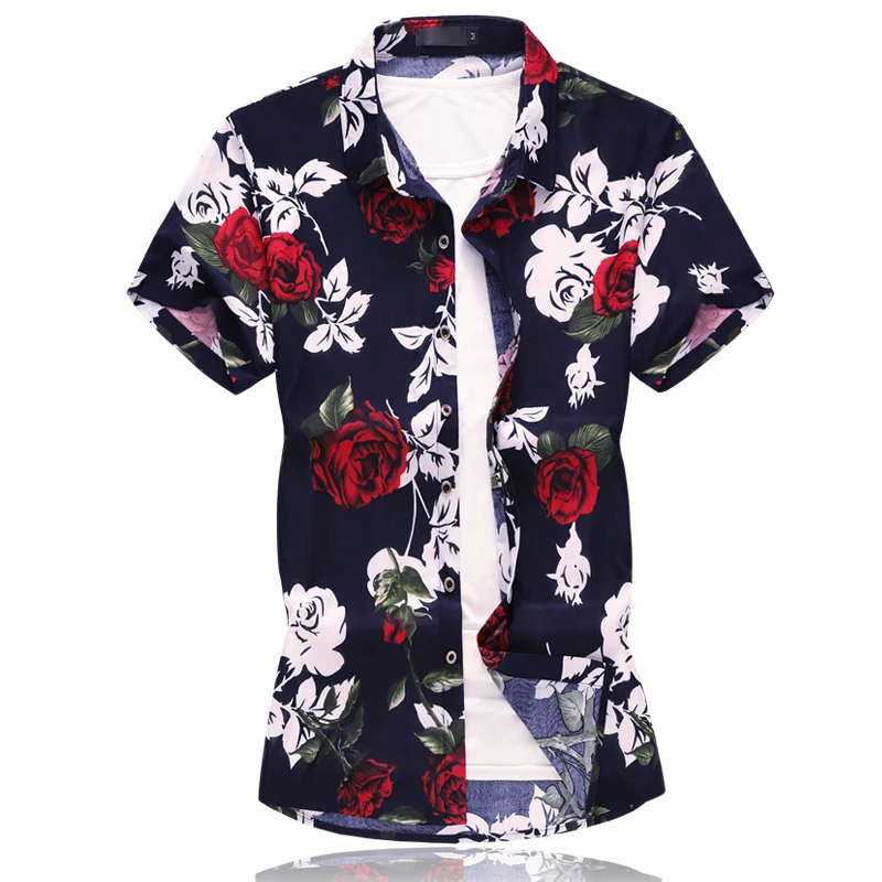 Summer Printed Short Sleeved Shirt For Men Fashion Casual Shirt Men Large Size S-7xl Yellow Red rose Shirts Camisa Masculina