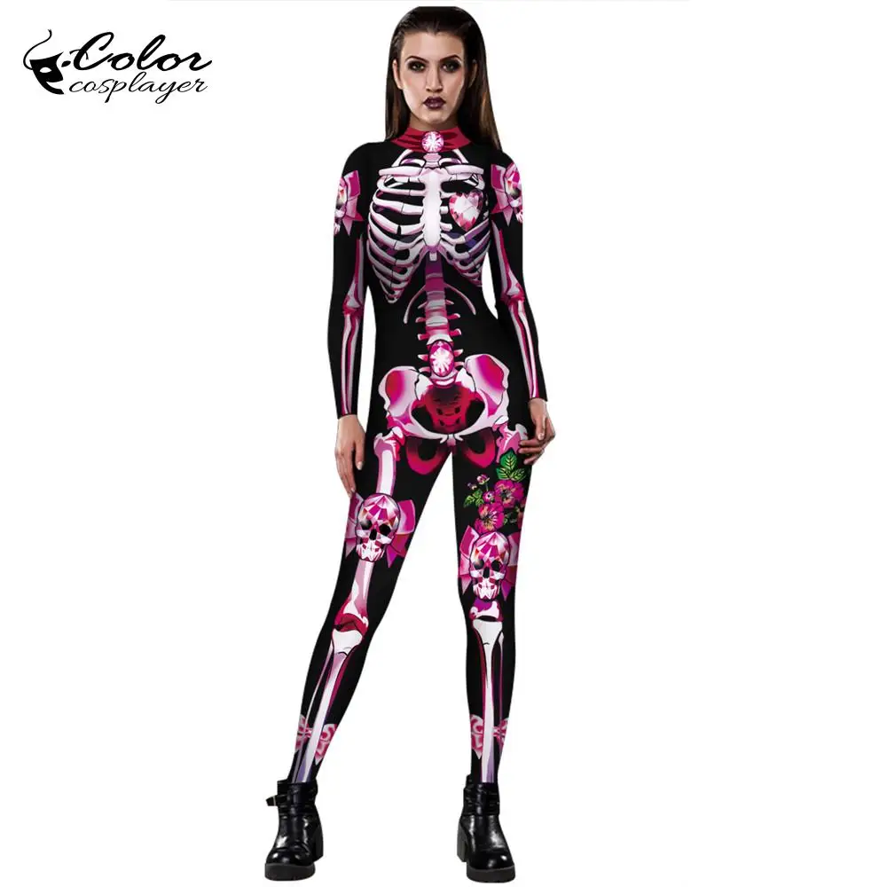 สี Cosplayer ฮาโลวีนแน่นผู้หญิง Zentai ชุด Steampunk Skeleton พิมพ์ Bodysuit Purim เทศกาลคอสเพลย์เครื่องแต่งกาย Catsuits