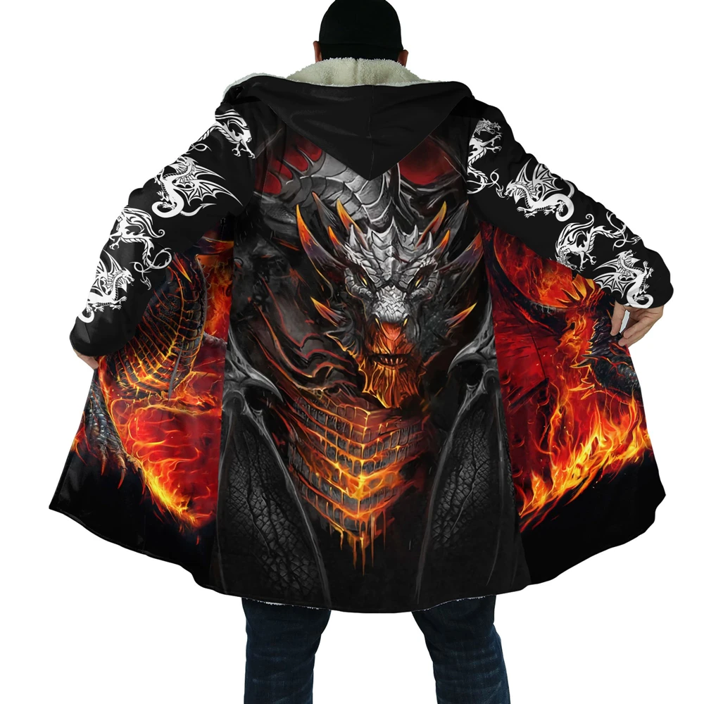 Dragon Pattern 3D Print Hooded Cloak New Fashion Mens Fleece Coat Winter Thick Warm Cape 5Color NF14