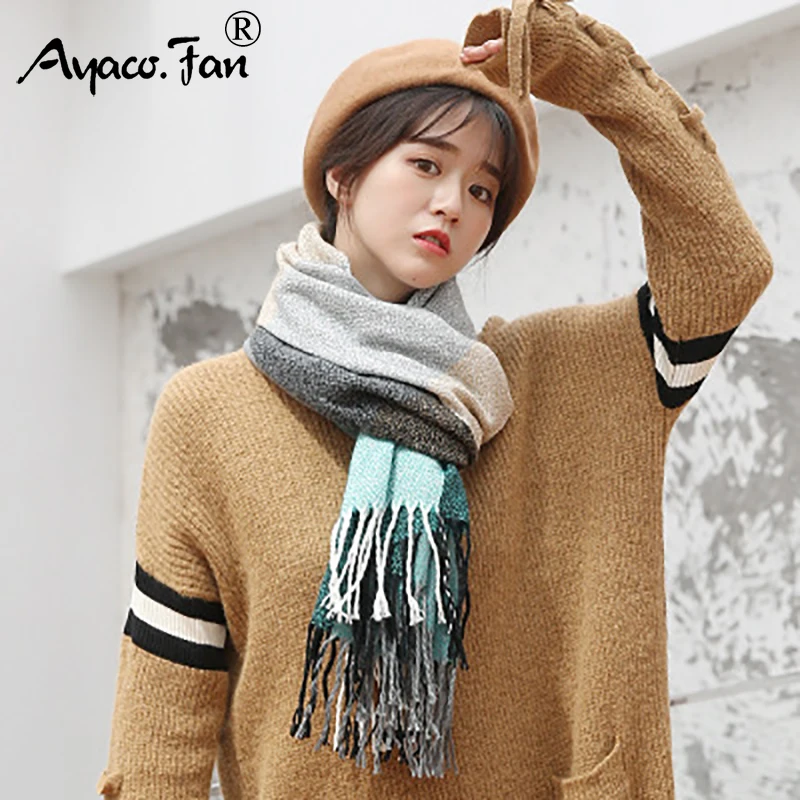 2019 Autumn Winter New Patchwork Colors Cashmere Thicken Women Scarf for Girls Students Lady Cute Tassel Long Scarves Shawl