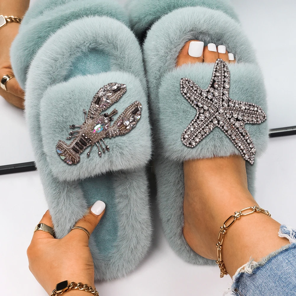 Fluffy Slides Faux Fur Slippers Female Lobster Starfish Fur Sandals Indoor Fashion Slippers Platform Flip Flops Designer Shoes