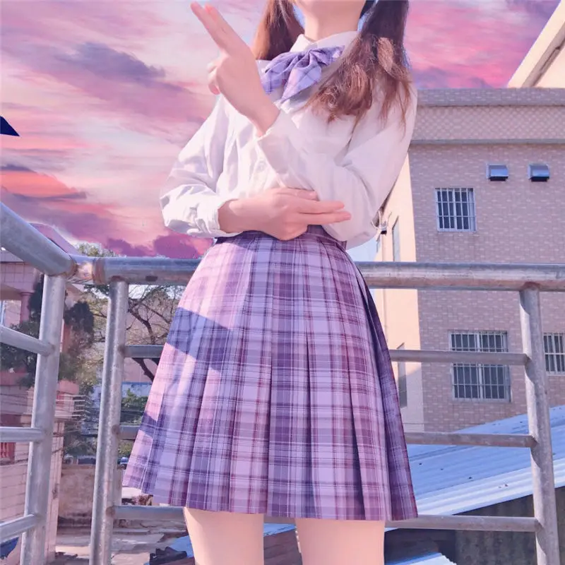 [Grape soda] Purple Plaid Skirts JK School Uniform Japanese Girls Summer High Waist Pleated Skirts Women Dress For Students Girl