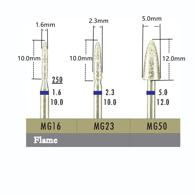 5pcs/Set Dental Diamond Drill Bit Flame Shape Bur Lab Dentistry Tools HP Electroplated Medium Grind Zirconia Sharp