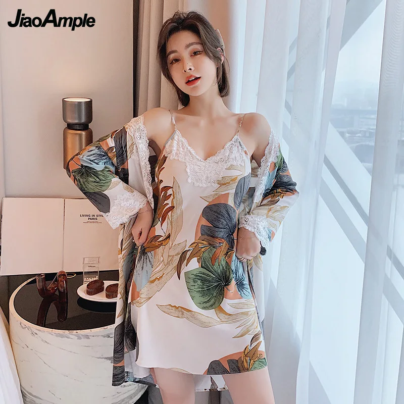 

Sleepwear Women Nightgown Sling Nightdress Two-piece 2022 Spring New Cotton Silk Pajamas Sexy Print Pijamas Nightie Bathrobe Set