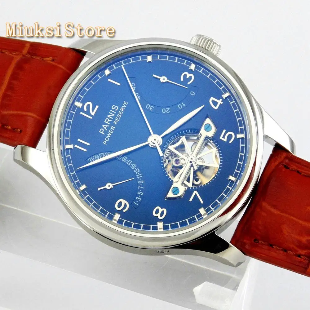 Parnis 43mm blue dial steel case power reserve automatic ST2505 leather mens business mechanical Watch