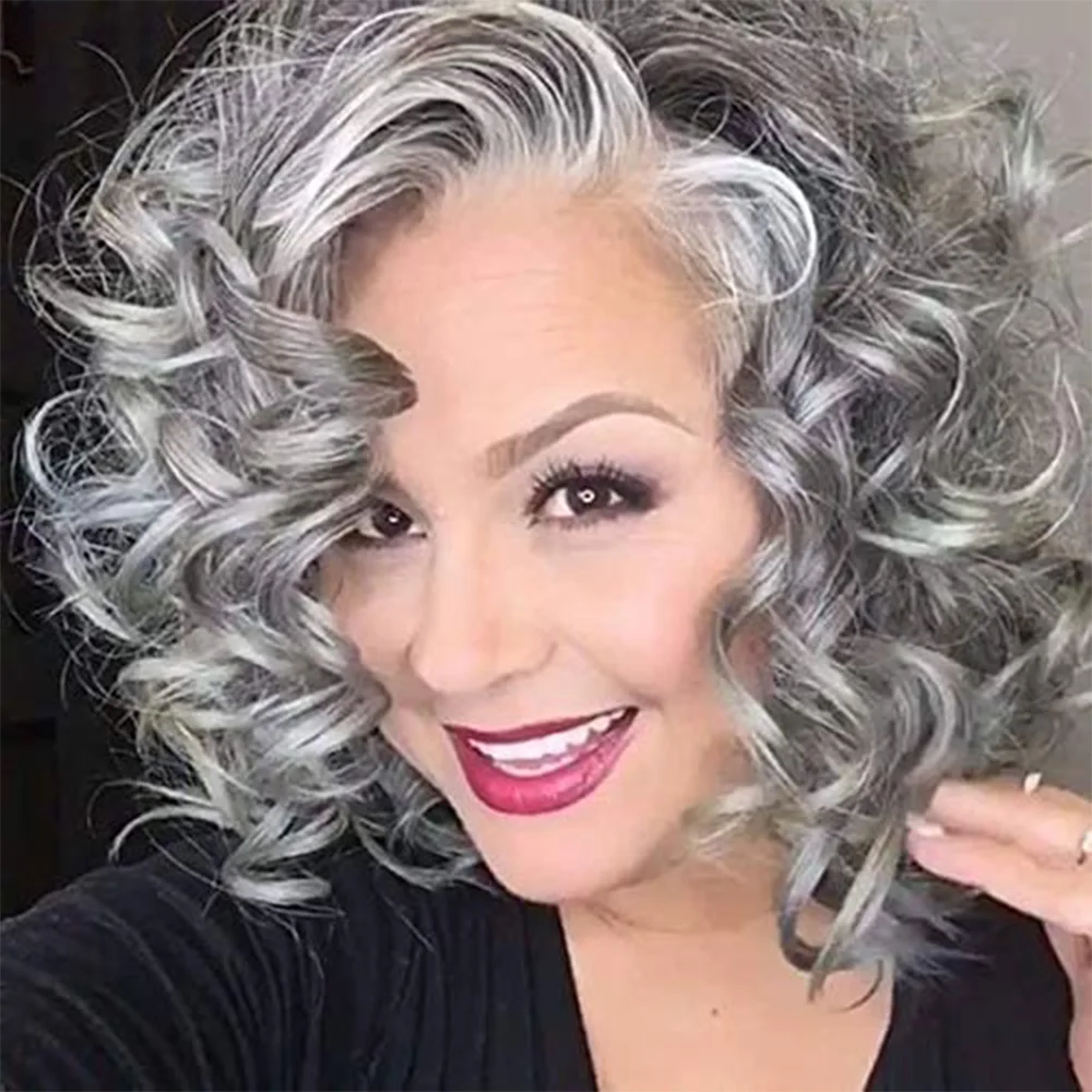 Beach Wave Grey Short Bob Hair Synthetic Lace Front Wig Side Parting Silver Gray Short Wavy Bob Wigs for Women