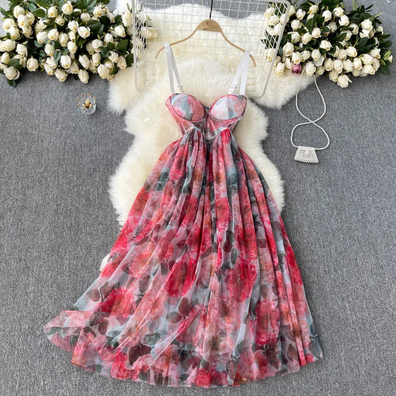 2021 New Summer Women Sexy Corset Strap Dress High Quality Flowers Print Multi-layer Mesh Big Hem Party Long Dress