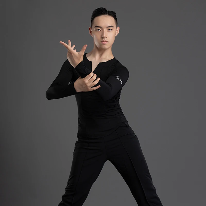 Soft Ballroom Dance Tops Men Stage Costume Salsa Dance Wear Black Latin Practice Wear Long Sleeve Modern Dancer Outfit JL3706