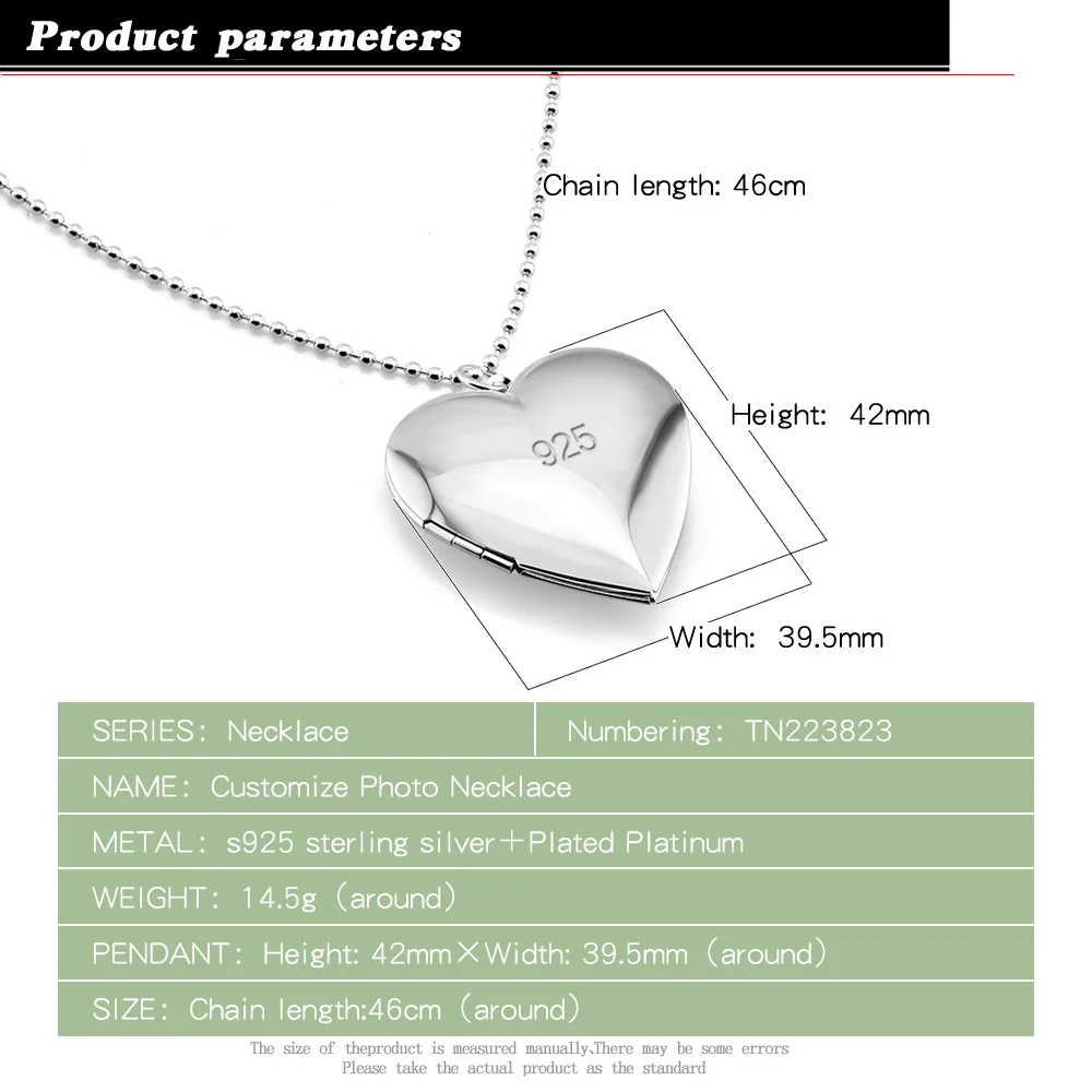 Creative Women\'s 925 Sterling Silver Necklace-Heart Photo Box Pendant Free Customized Photo Anniversary Gift Fine Jewelry