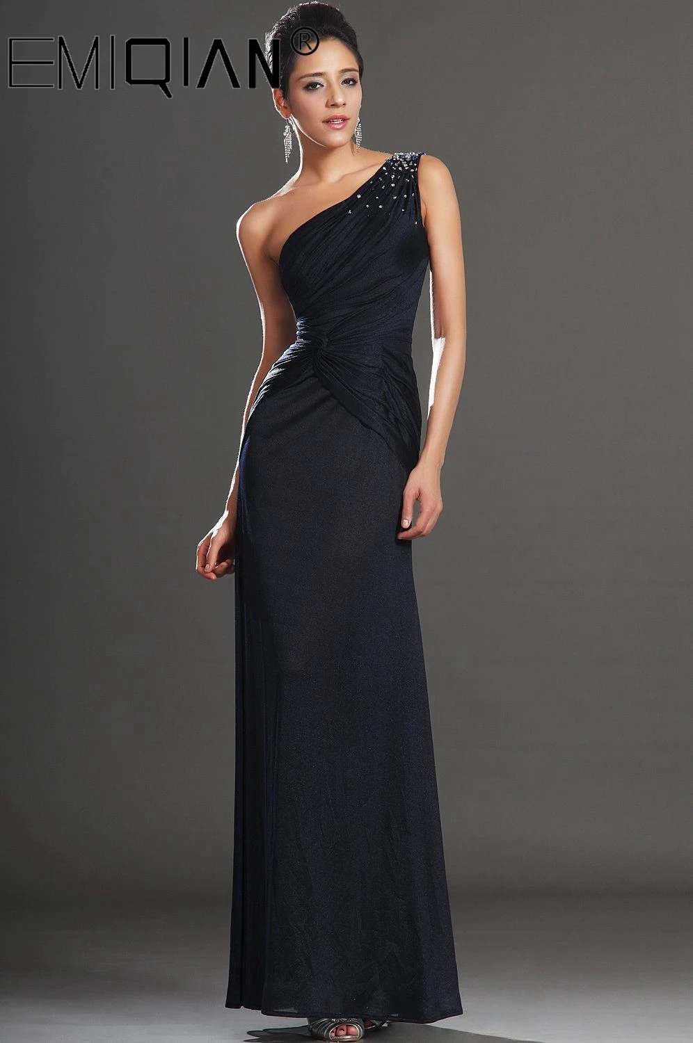 

New Fabulous One Shoulder Evening Dress,Navy Blue Chiffon Evening Party Gown,Robe De Soiree Beaded