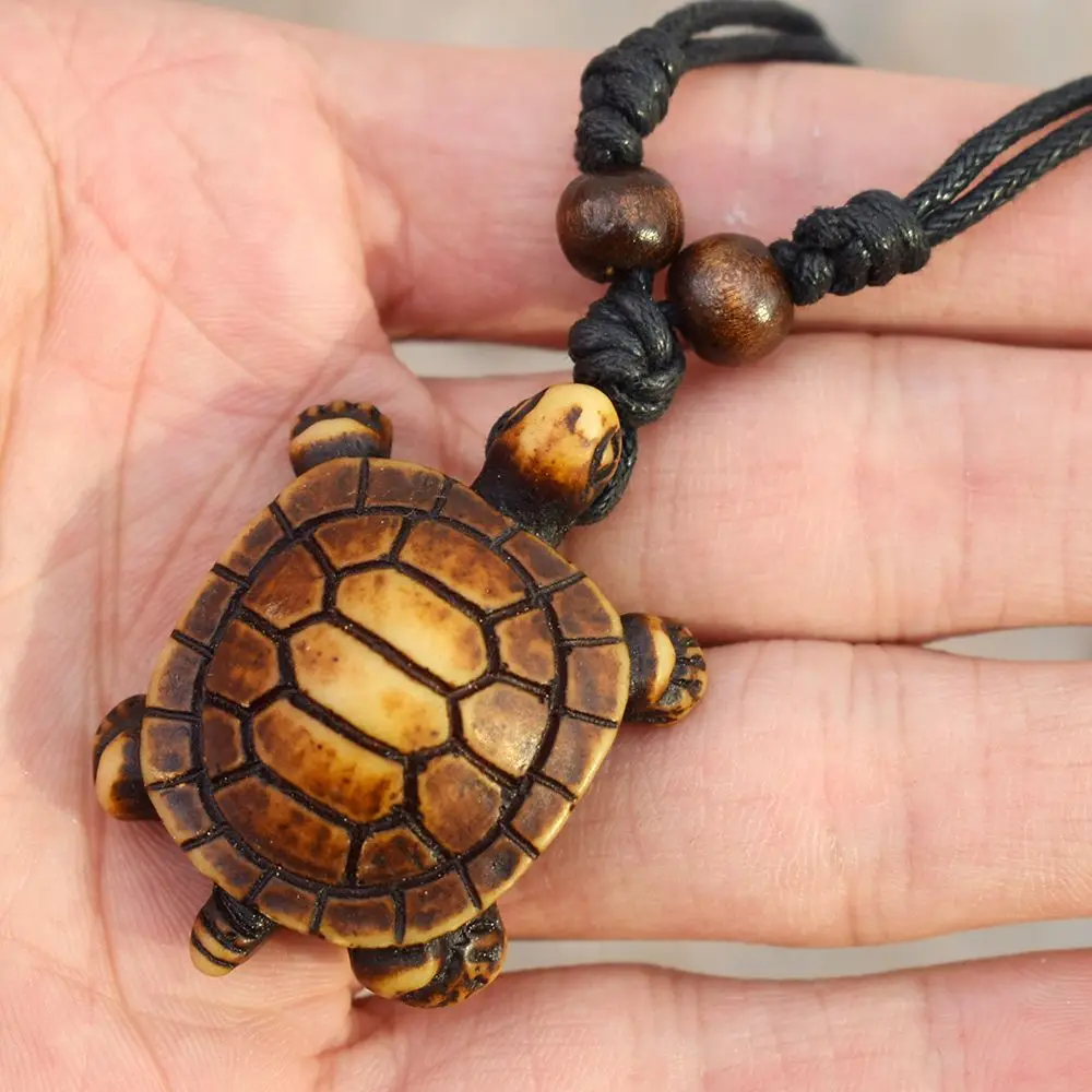 Ethnic Tribal Faux Yak Bone Sea Turtle Pendants Necklace Resin Adjustable Lucky Black String Men Necklace Makrame Longevity