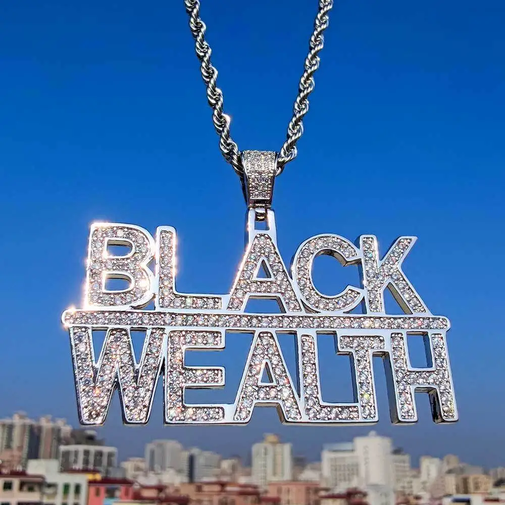 

Men'sIced Out BLACK WEALTH Necklace & Pendant with 3mm Tennis Chain Gold Silver Color Bling Cubic Zirconia Hip Hop Jewelry