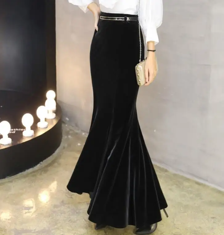 2022  Autumn Vintage Velvet Black Long Mermaid Skirt 2020 Fashion Women Elegant Velour Skirts With Belt DQ1279