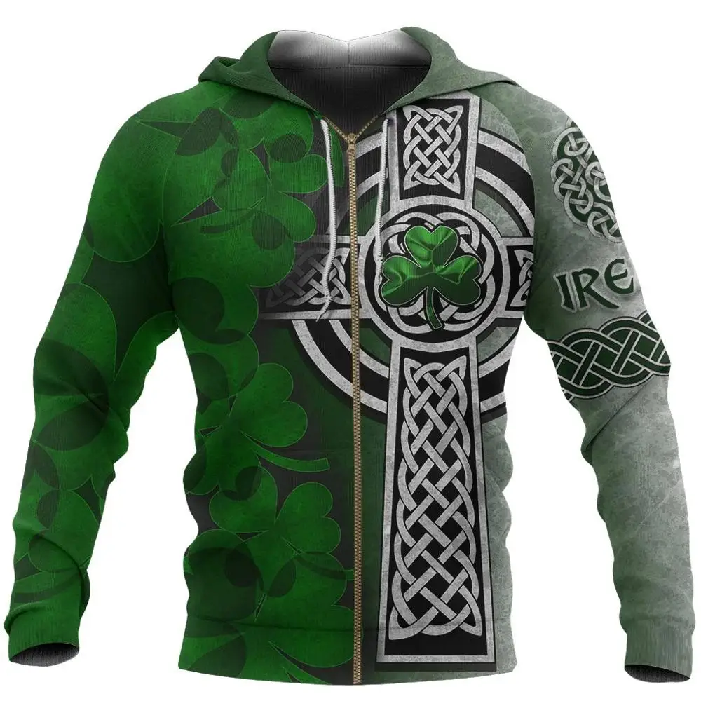 

Irish Celtic Cross Zip Hoodie StPatricks Day Shamrock Zip Up Hoodie 3D Jacket Men/Women New Fashion Tracksuit Casual Streetwear