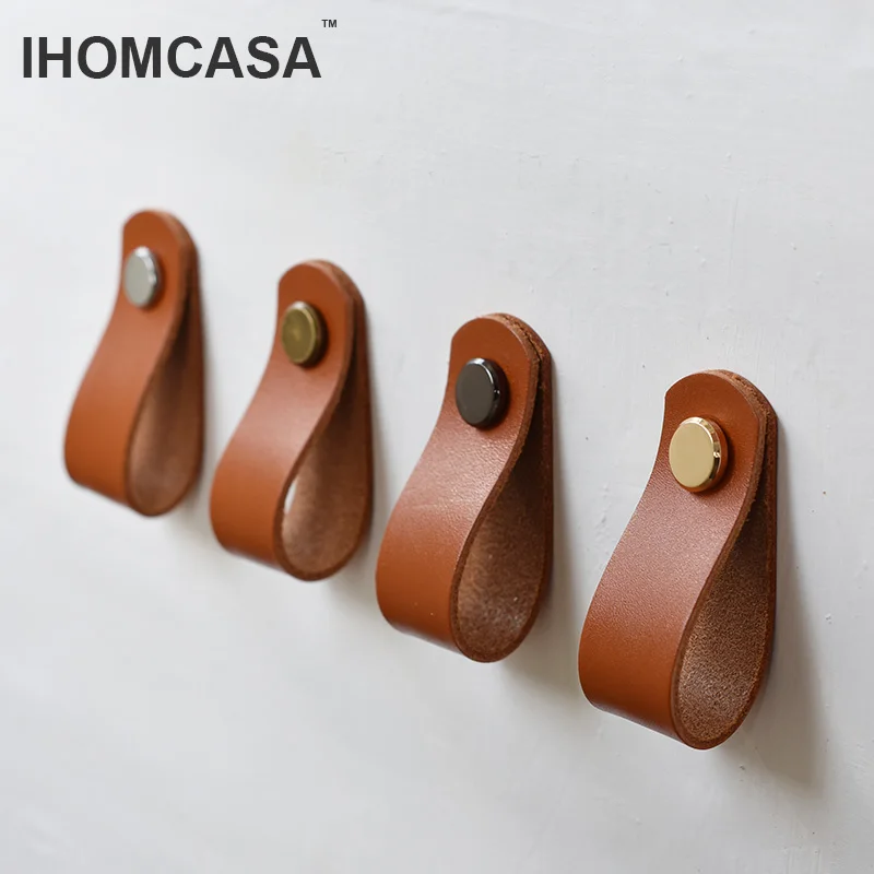 IHOMCASA Orange Genuine Leather Knobs Cupboard Shoe Cabinet Cowhide Pulls Modern Style Furniture Wardrobe Drawer Door Handles