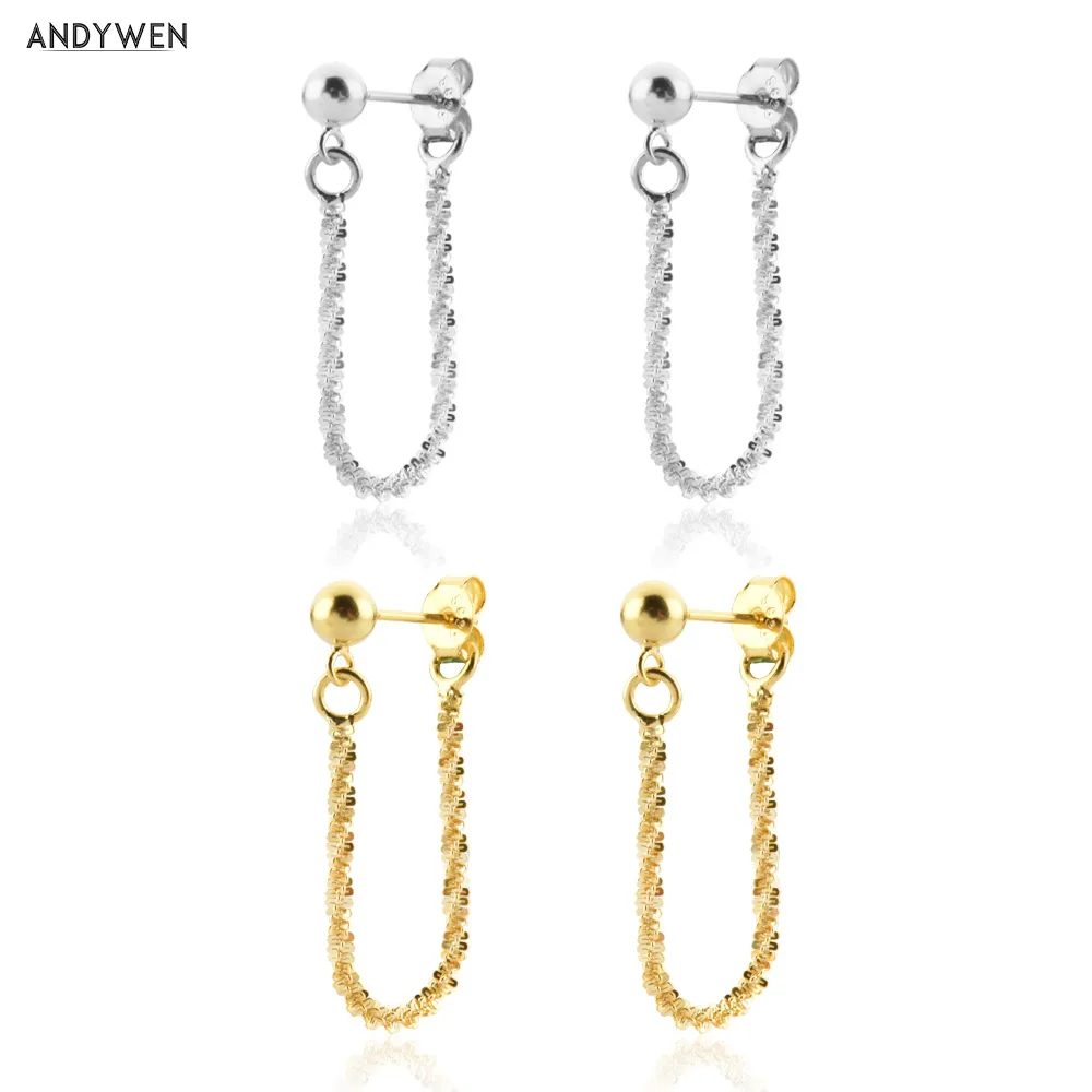 

ANDYWEN 925 Sterling Silver Beads Chain Stud Earring Women Chain Female Piercing Pendiente Luxury Jewelry Gift Wedding Rock Puck