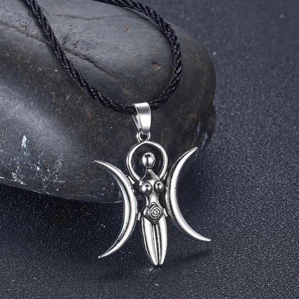 Kinitial Retro Triple Moon Goddess Mother Amulet Necklaces For Women Men Symbol Crescent Moon Charm Pendants Choker Jewelry