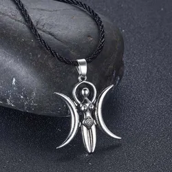 Kinitial Retro Triple Moon Goddess Mother Amulet Necklaces For Women Men Symbol Crescent Moon Charm Pendants Choker Jewelry