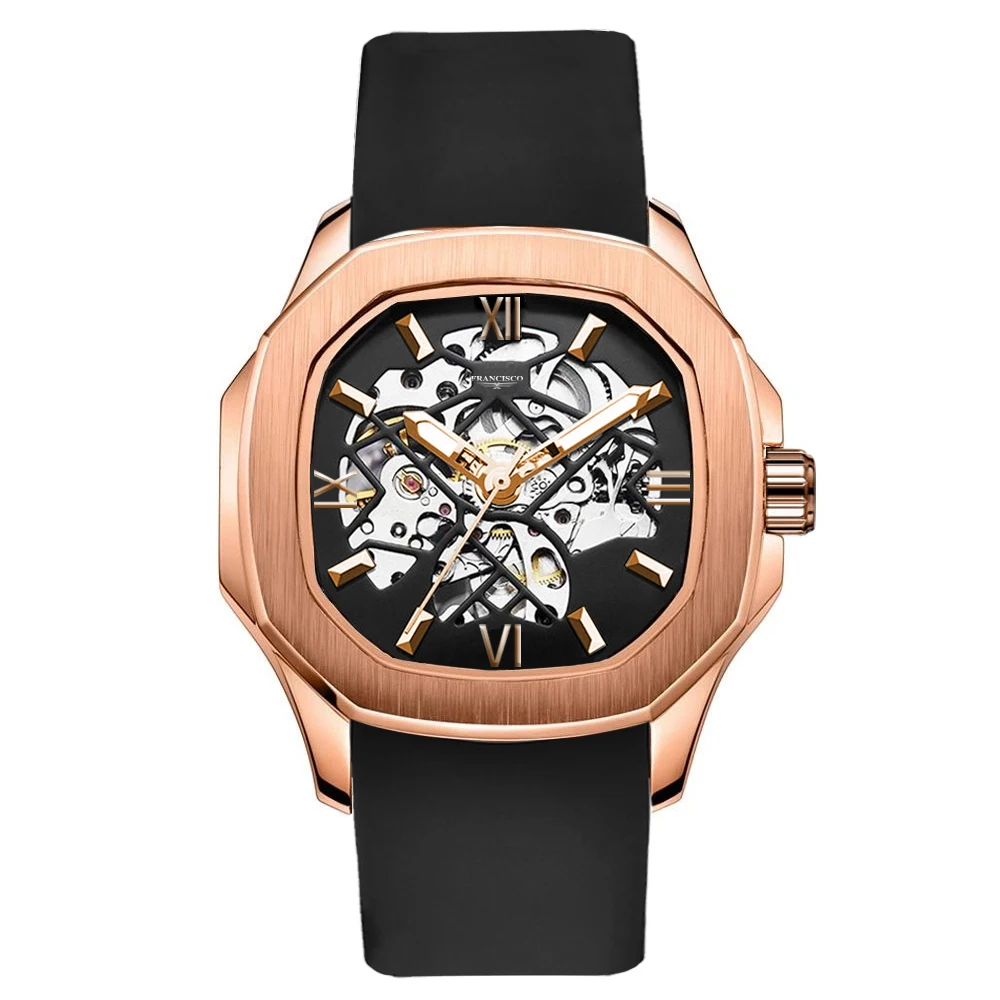 FRANCISCO Golden Case Luxury Wristwatch Casual Design Silicon Strap Top Brand Automatic Winding Mechanical Skeleton Watch