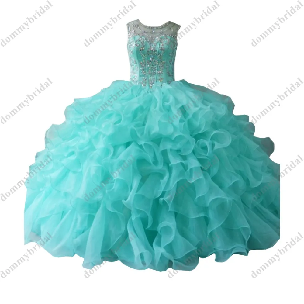 Glamourous Vestido De 15 Anos XV Jahre Alt Aqua Blau Günstige Quinceanera Kleid Prom Abendkleid Cyrstal Gekräuselte Organza