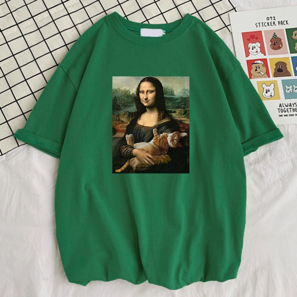 Famous Painting Mona Lisa Hold Cat Prints Men T-Shirts Cool O-Neck Tshirts Creativity Breathable T Shirt Sport Slim Mens Top