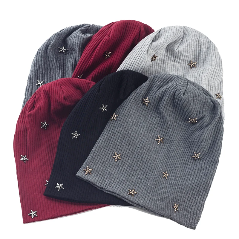 Geebro Women Star Ribbed knitted Cotton skullies Beanie Casual Soft Design Solid Bonnets hat Ladies Slouchy Hat Wholesale