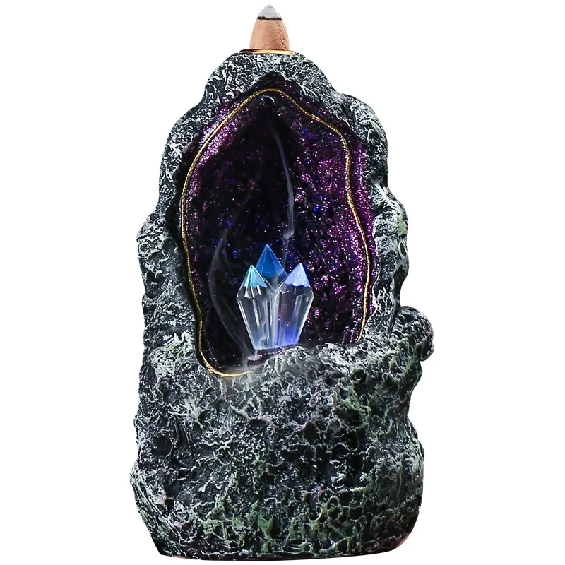 Creative Fantasy Crystal Cave LED Ornaments Backflow Incense Burner Waterfall Incense Cones Censer Decoration