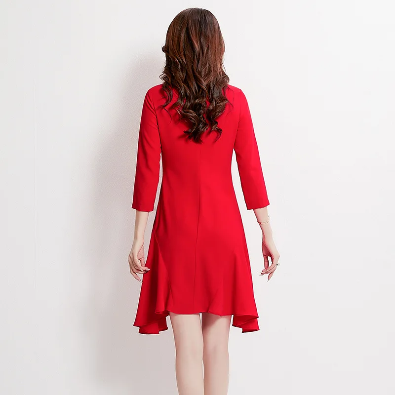 2021 Autumn New Style Light Mature Loaded Fashion Elegant Bow Solid Color Half-Turtle-Neck Three-quarter-length Sleeve Dress