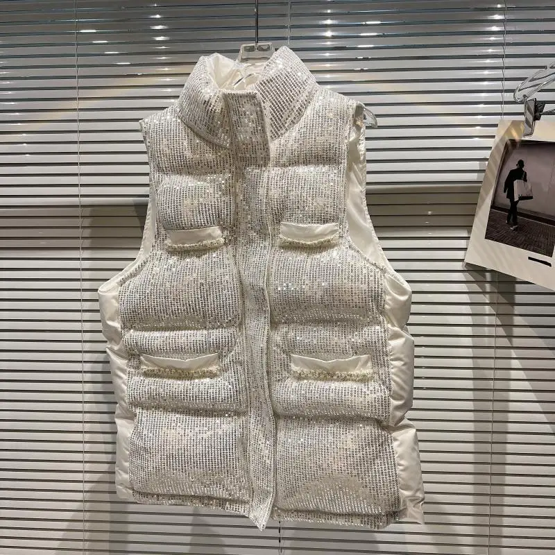 Winter Spring Sequined Warm Vest 2024 Korean Loose Coat Thickening Long Waist Down Cotton Waistcoat Women Puffer Jackets