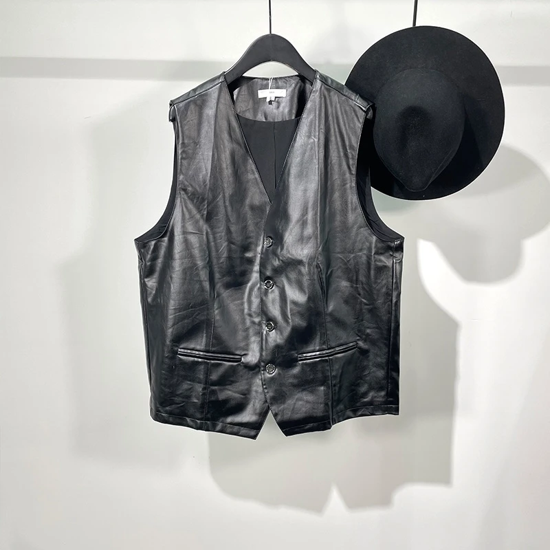 Men's Sleeveless Waistcoat Spring And Autumn New Dark V-Neck Retro Punk Loose Pu Leather Vest Youth Fashion Trend Is Versatile