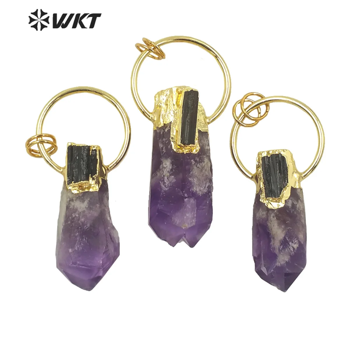 

WT-P1624 WKT Wholesale Irregular Purple Stone Pendant With Black Tourmaline Luxury A-methyst Big Ring Necklace Pendant