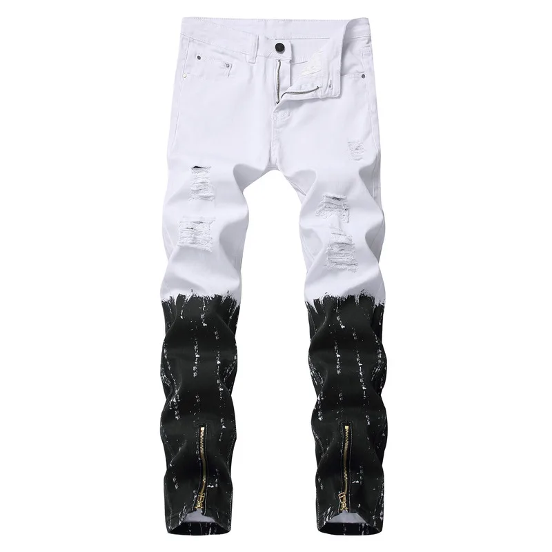 Destruído calças de brim masculinas magro ajuste fino calças de brim casual com zíper pernas calças rasgadas angustiado impresso preto branco longo jeans