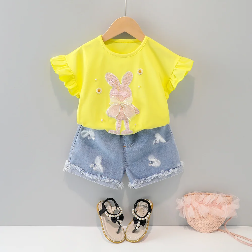 2021 New Girls Clothing Set Short Sleeve Summer Cotton Rabbit T-shirt+Pants 2Pcs Suit Toddler Children\'s Clothes 1 2 3 4 Years