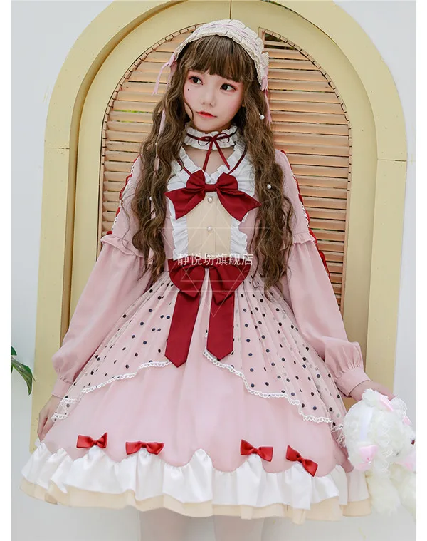 

Japanese Lolita Princess Pink Lace Dress Long Sleeve OP Student Uniform Kawaii loli Skirt daily clothing