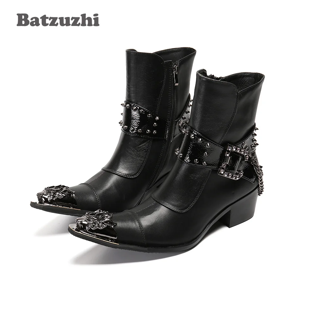 

Batzuzhi 6.5CM High Heel Western Cowboy Boots Handmade High Quality Leather Ankle Boots Men Punk Pointed Iron Toe with Chains!