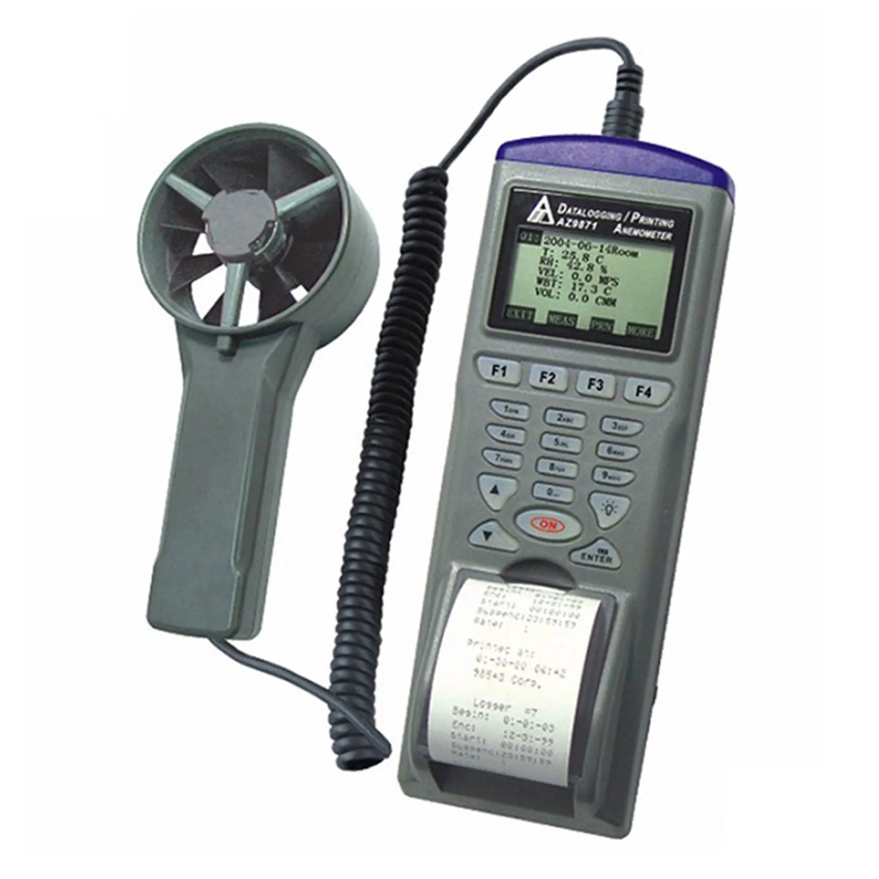 AZ9871 Anemometer Air Flow Data logger With thermal Printer features Measure the Air velocity RH% Temperature Dew Point Wet Bulb