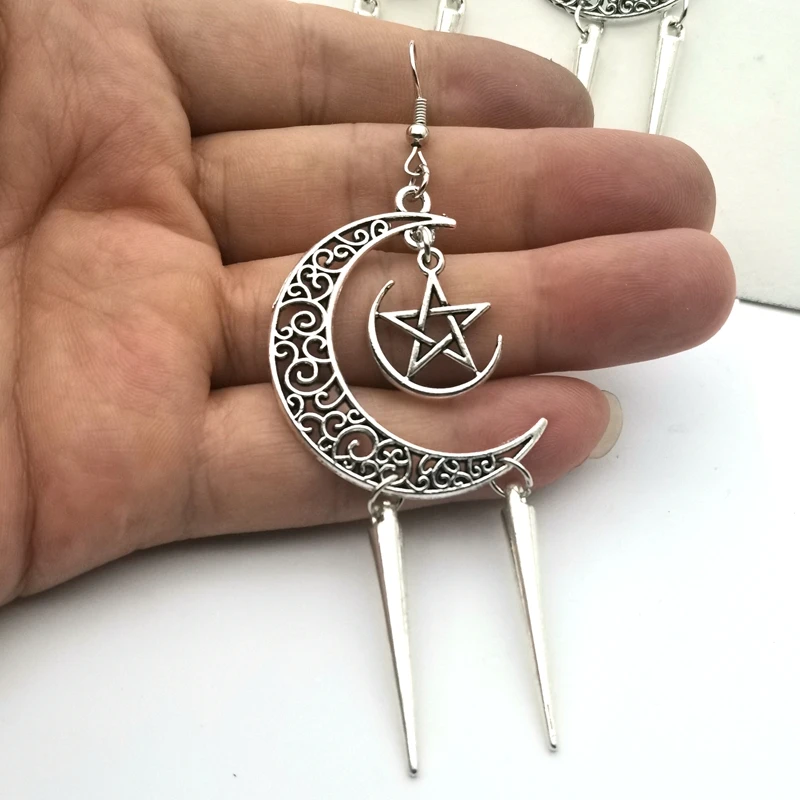 Crescent Moon Pentagram Dangle Earrings Gothic Witchy Occult Jewelry