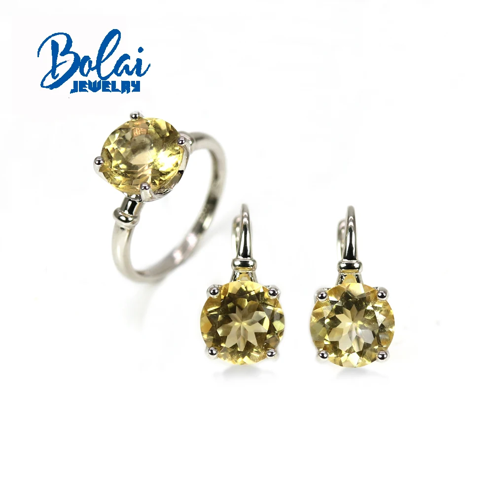 

Bolai,925 Sterling silver Natural citrine cut gemstone Ring earring Jewelry Set Women's fine Jewelry Anniversary birthday gift